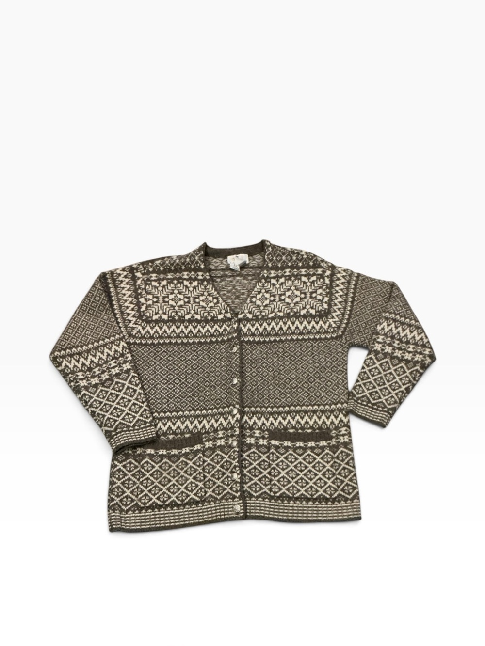 Talbots Petite SP Fair Isle Knit Cardigan Sweater Wool Blend Brown Cream